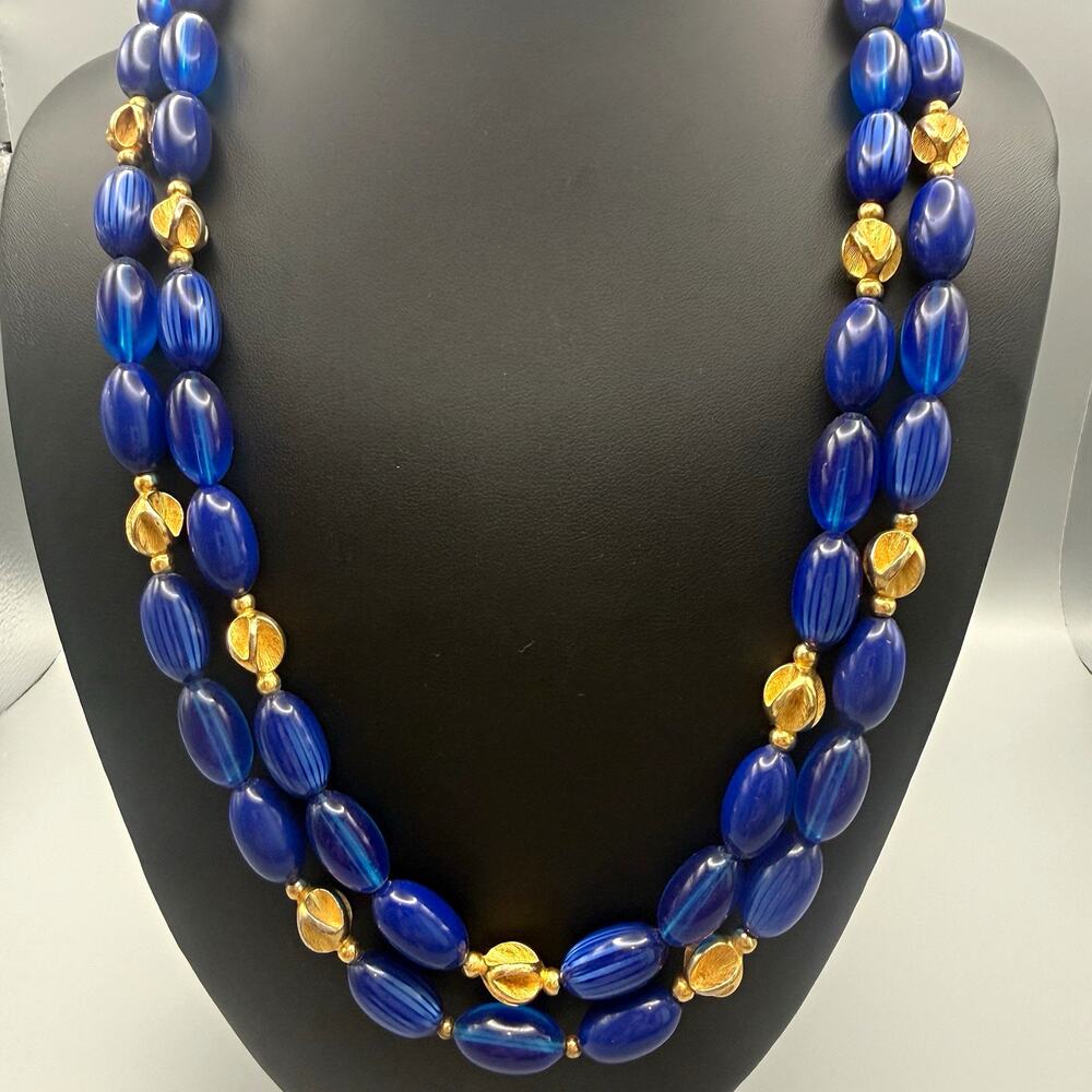 Vintage Multi Strand Beaded Necklace 23" Navy Blue Lucite Gold Tone Leaf Spacers